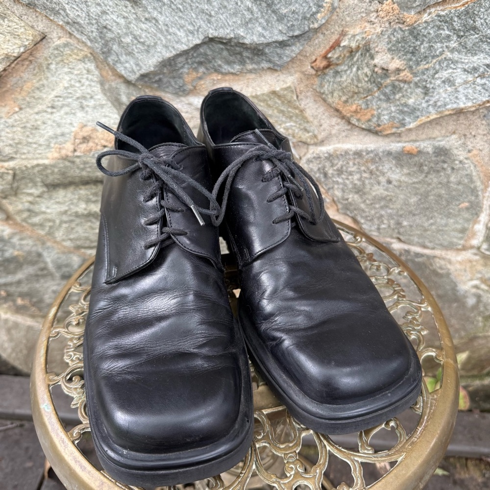 Vintage Italian Leather Box Trot Square Toe Platform Wedge Black Lace Up Shoes